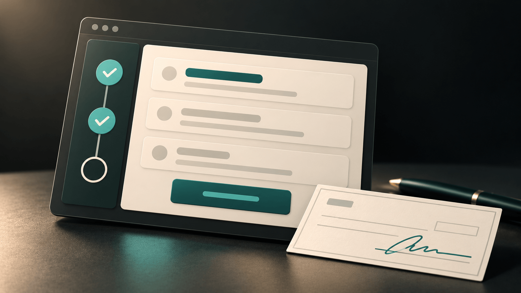 A simpler way in illustration. A simplified application and three-step progress rail. A paper check connects the interface to the service behind it.