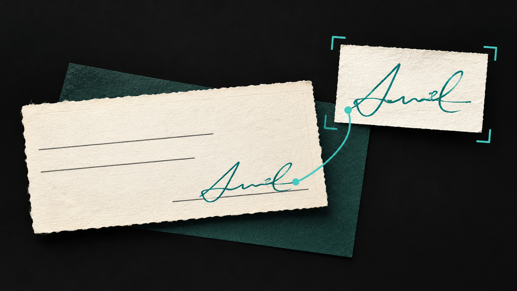 A signature carried foward illustration. A paper check connects to an enlarged sample of its signature.