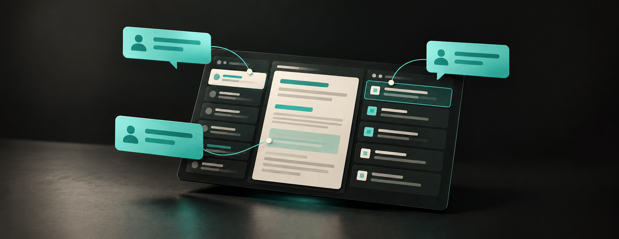 Feedback in context illustration. An abstract coding workspace with feedback attached to specific decisions.