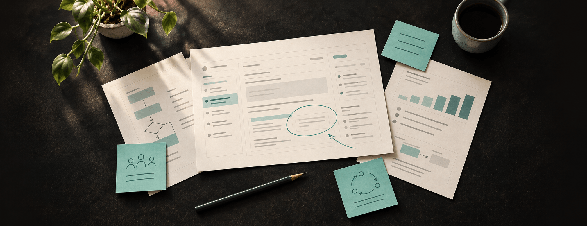 The research table illustration. A staged conceptual still life of paper workflows and notes suggesting discussion and revisions.