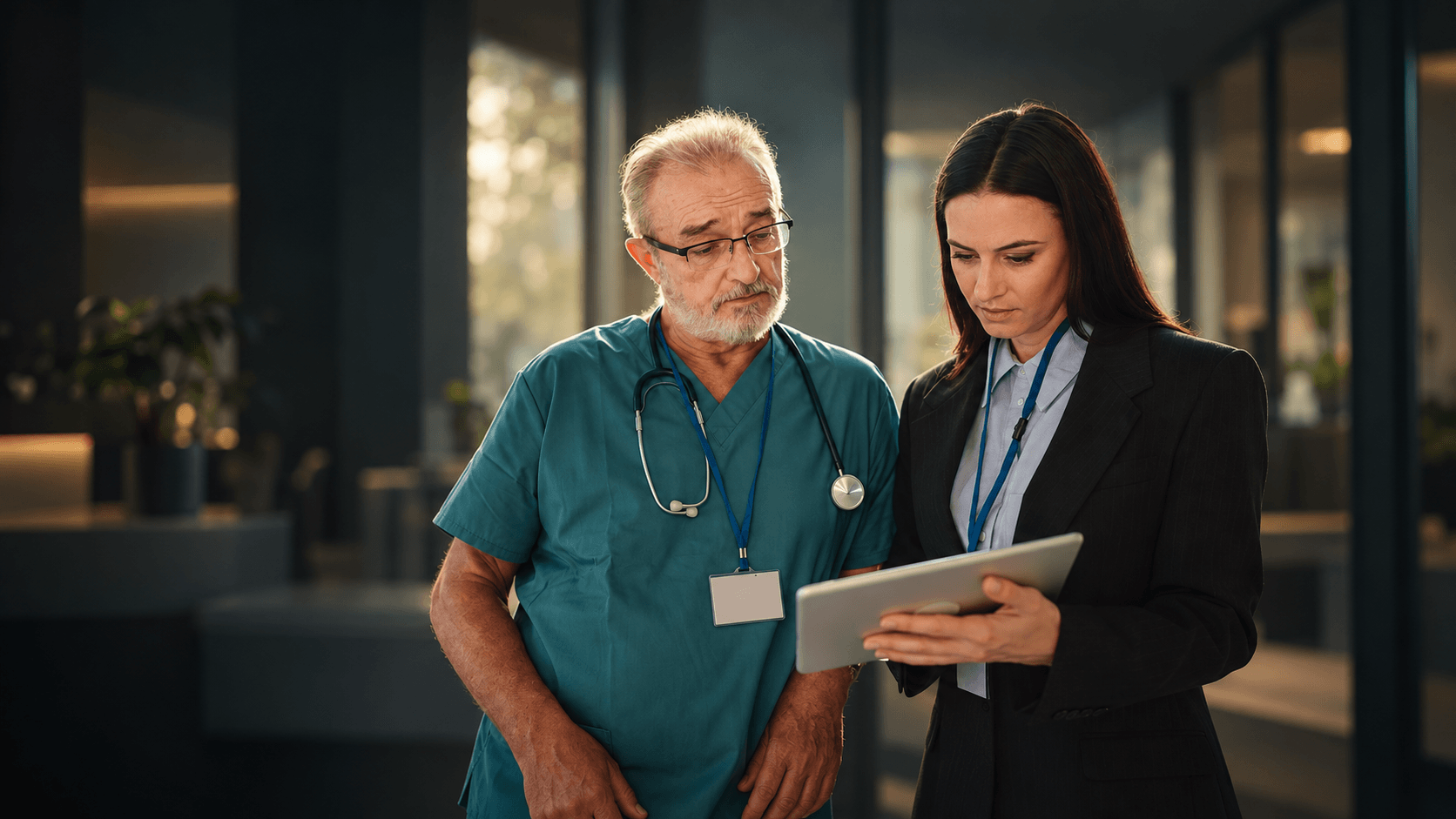 AI generation photograph of clinician and administrator conveying healthcare collaboration.